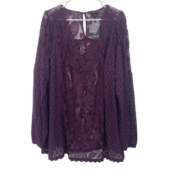 Torrid Womens Sze 2X Lace Mix Long Sleeve Top Blouse Burgandy Sheer V Neck- NEW - Picture 10 of 14